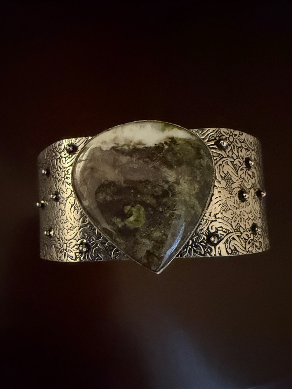 Sterling-Style Silver Cuff Bracelet with Stone (Medium to Large wrist)